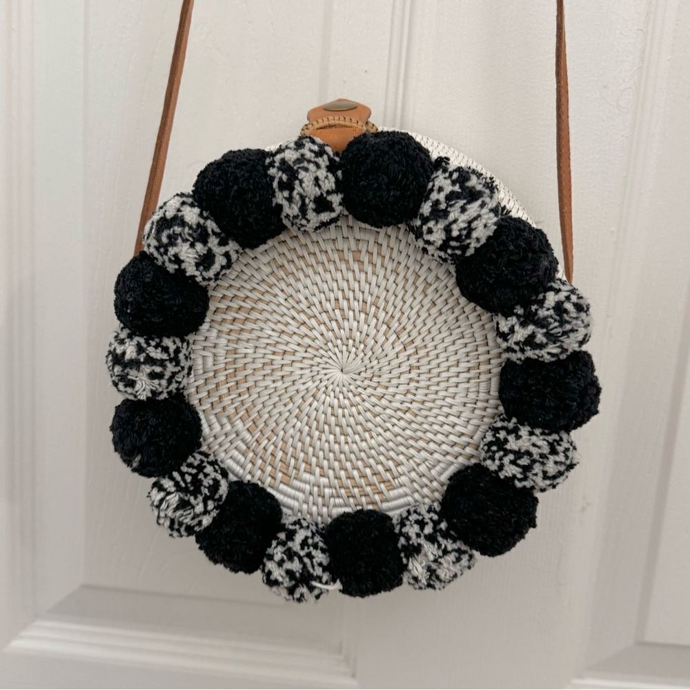 Cleobella Williamsburg Cantina Pom Pom Crossbody Bag Black and White Woven Boho
